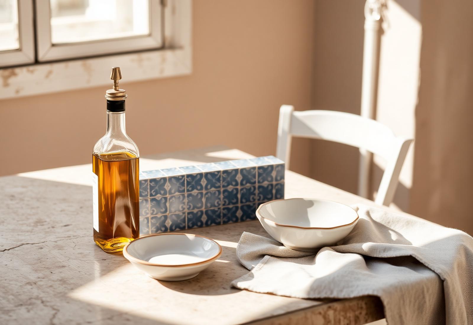 Mesa de pedra em Lisboa com azeite, azulejos e cerâmica portuguesa