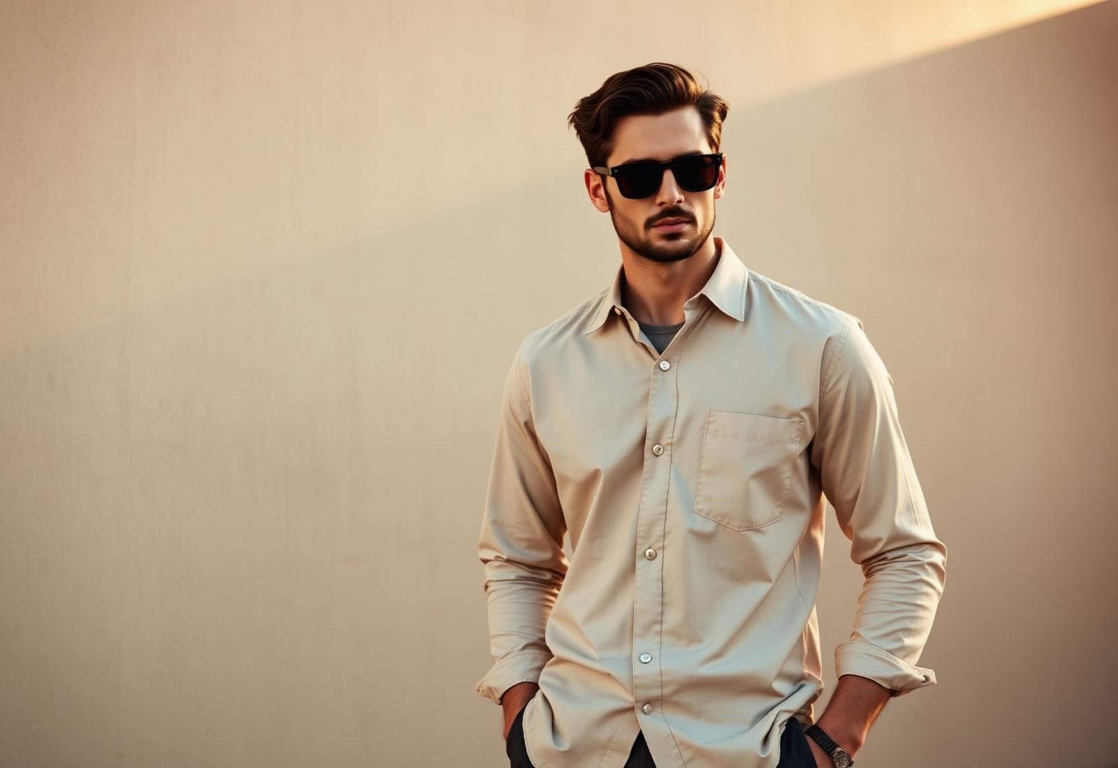 Homem com overshirt bege e óculos de sol em luz quente
